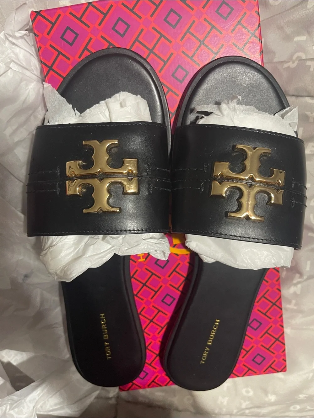 Tory Burch Black Leather Slides with Gold Logo Hardware
